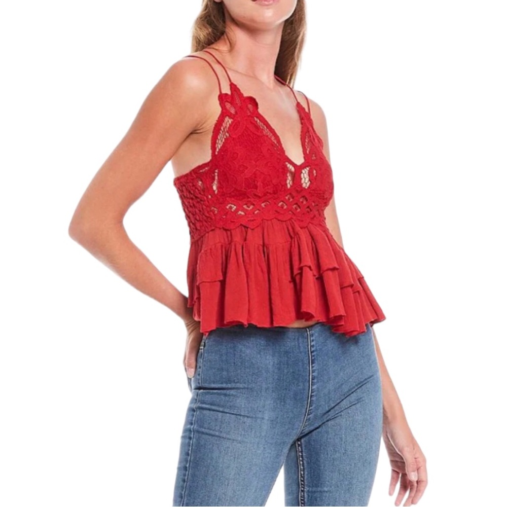Free People Adella Cami Cherry Red Large Asymmetrical Peplum Spaghetti Straps